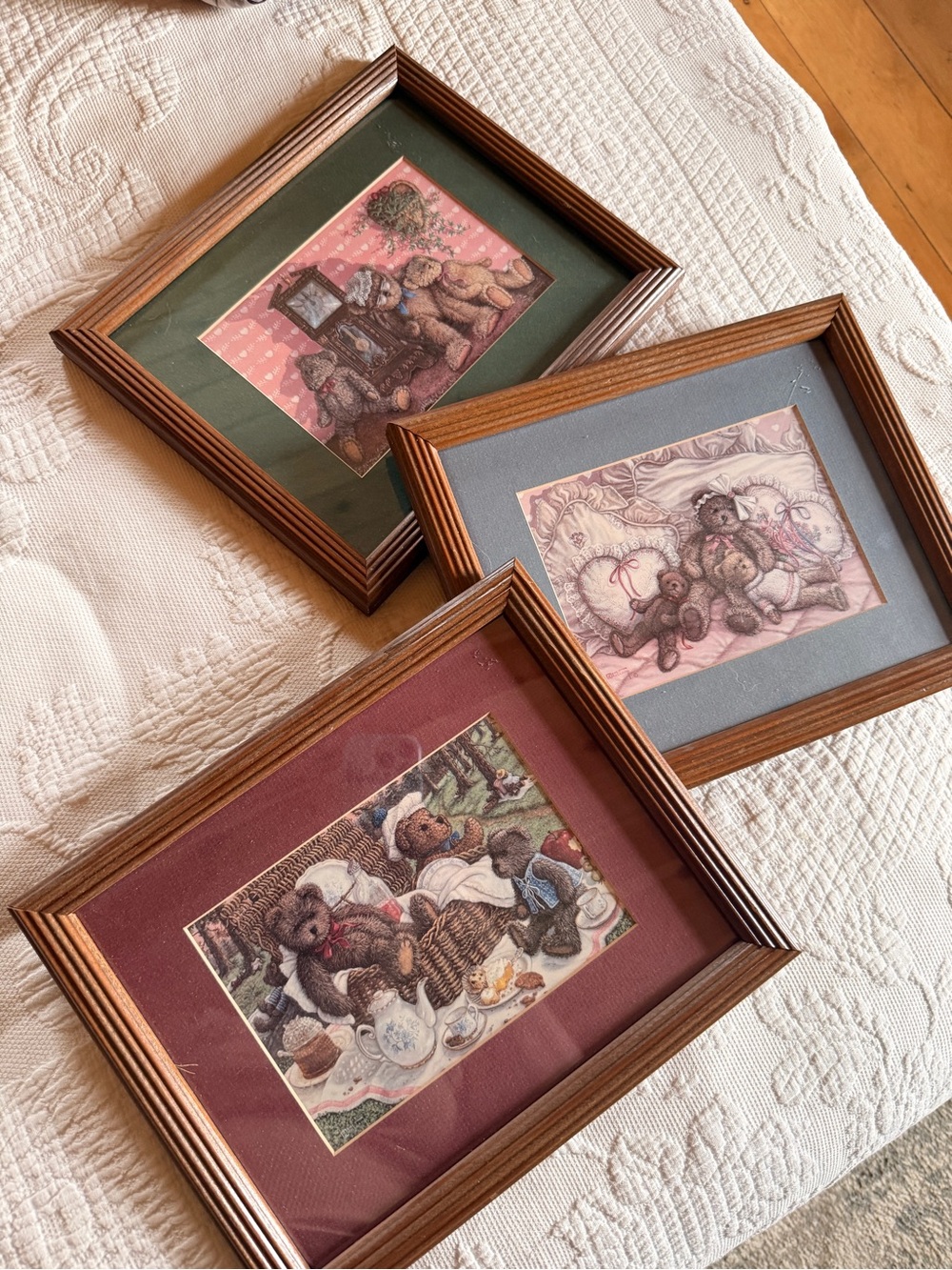 Set of 3 Vintage Teddy Bear Framed Prints - Brown Frames with Multi-Colored Mats